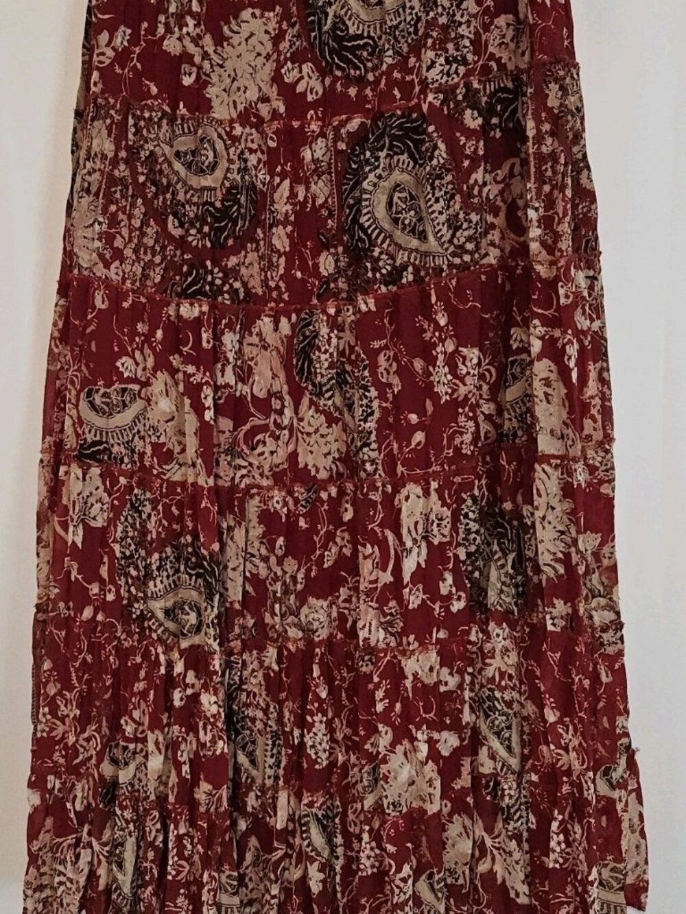 Emma James Liz Claiborne Red, Brown, Cream Tiered Long Maxi Skirt